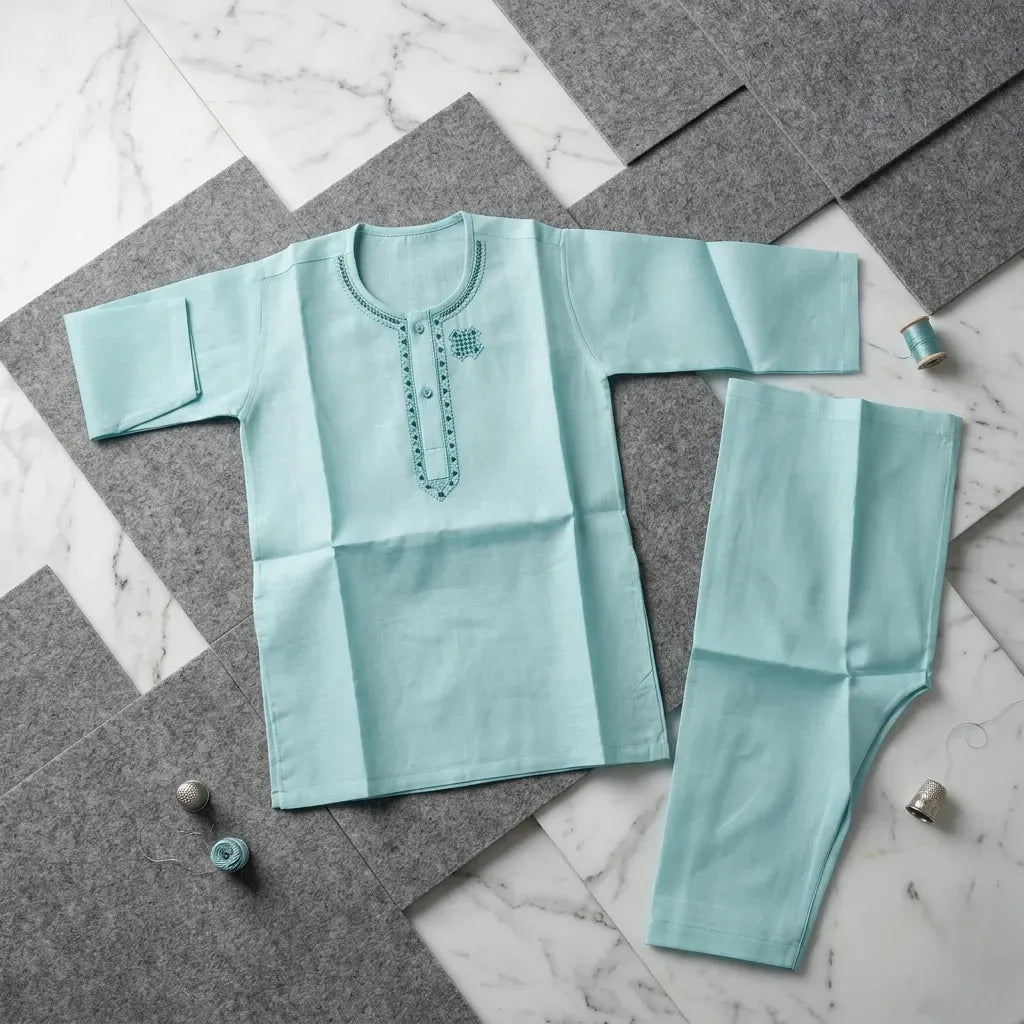 Boy's Cotton Embroidered Kurta Shalwar Set Blue