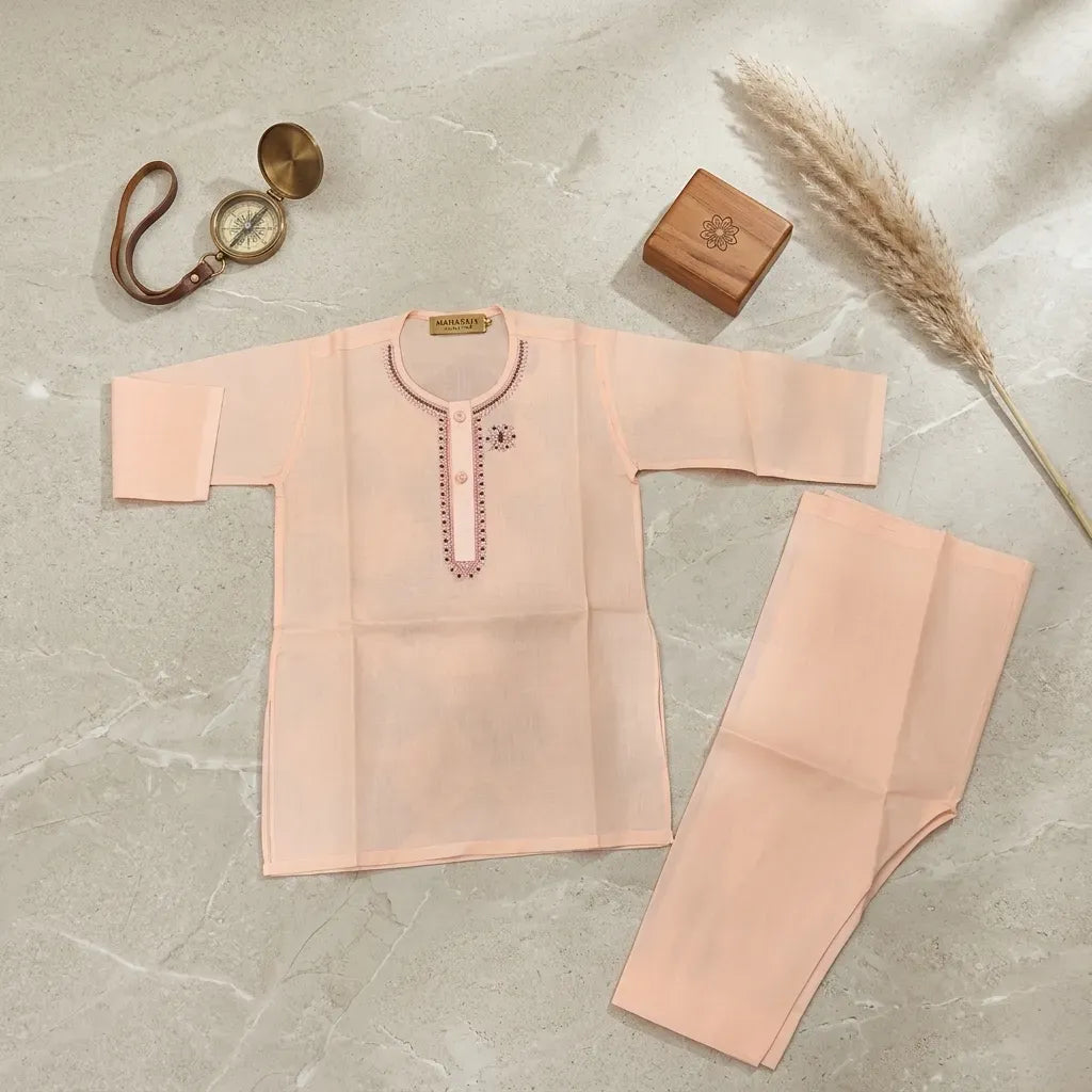 Boy's Cotton Embroidered Kurta Shalwar Set Pink
