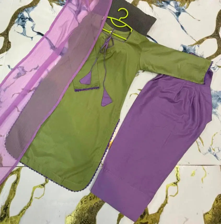 3 Pcs Girl's Cotton Plain Kurta And Shalwar Suit