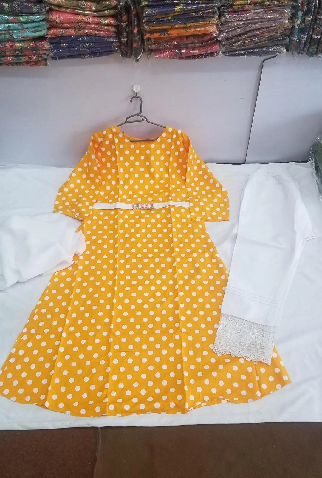 Women Yellow Polka Dot Kurta Set with White Dupatta