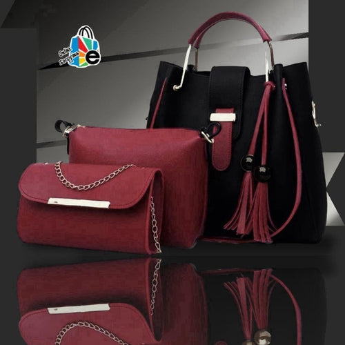 3-Piece Rexine Handbag Set Black Burgundy Tassel
