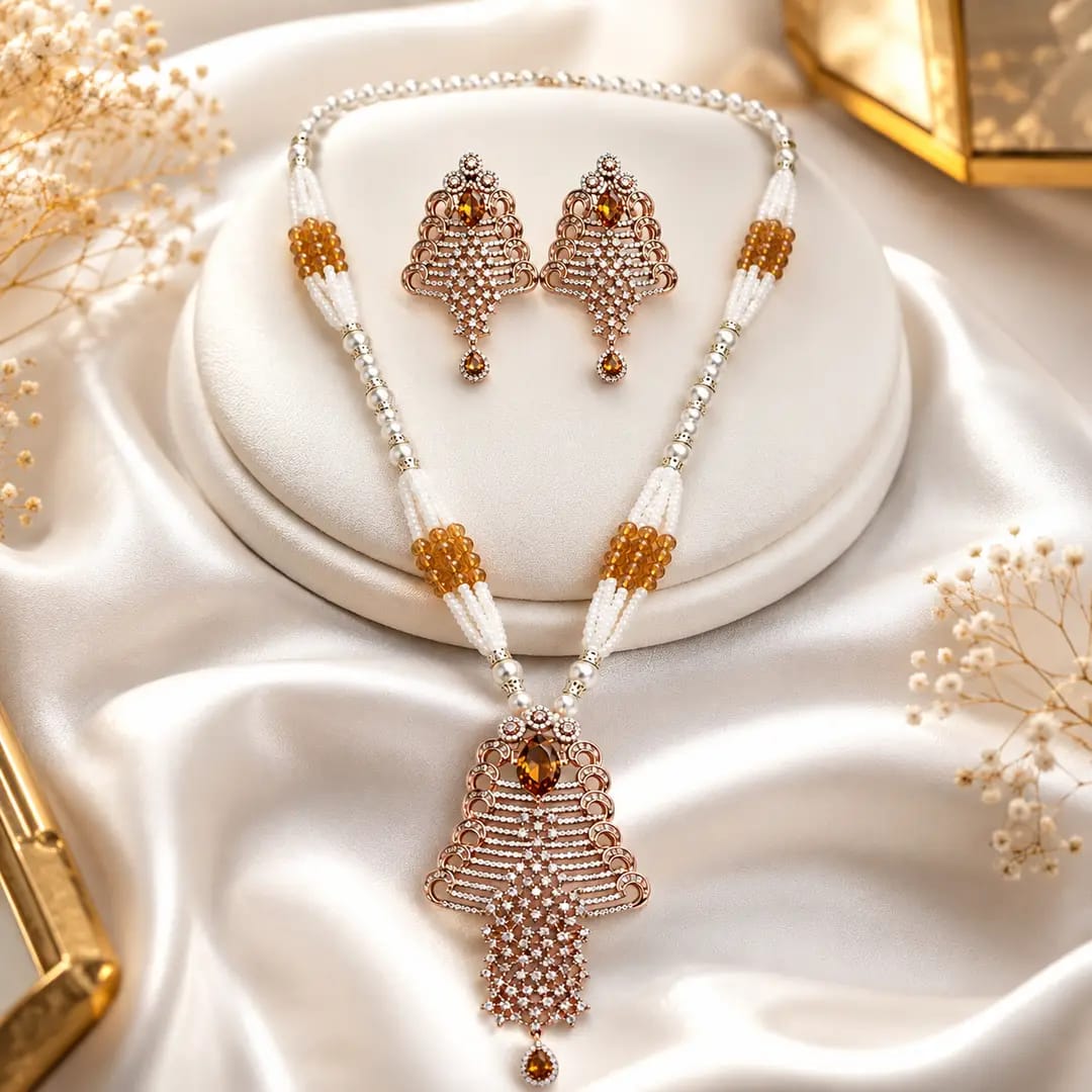 Elegant Pearl &amp; Crystal Pendant Necklace Set with Matching Earrings