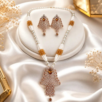 Elegant Pearl &amp; Crystal Pendant Necklace Set with Matching Earrings