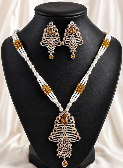 Elegant Pearl &amp; Crystal Pendant Necklace Set with Matching Earrings