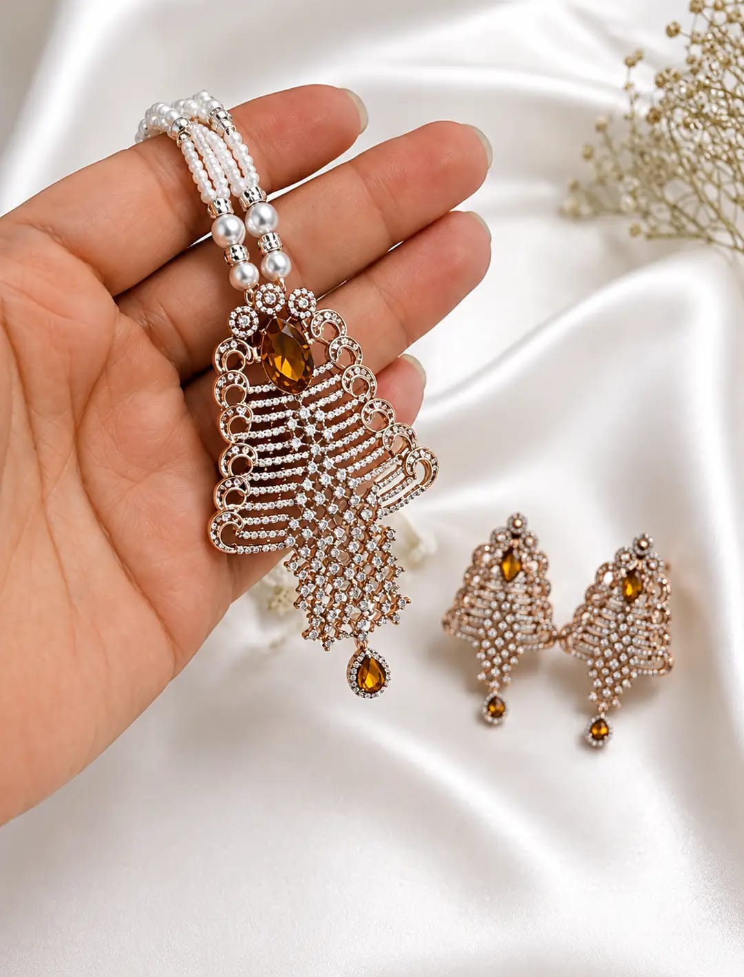 Elegant Pearl &amp; Crystal Pendant Necklace Set with Matching Earrings