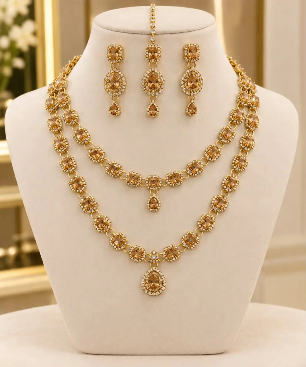 2 Layered Gold Plated Zircon Necklace Set