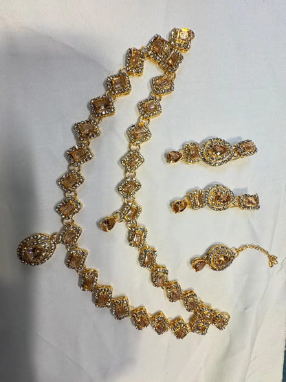 2 Layered Gold Plated Zircon Necklace Set